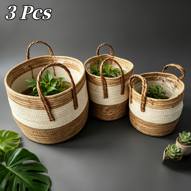 Cache-pot panier tressé écru et naturel, anses — Ø 25 à 35 cm