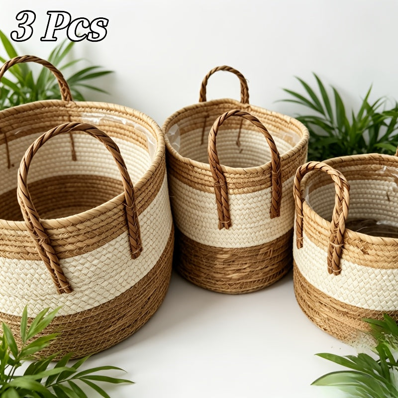 Cache-pot panier tressé écru et naturel, anses — Ø 25 à 35 cm