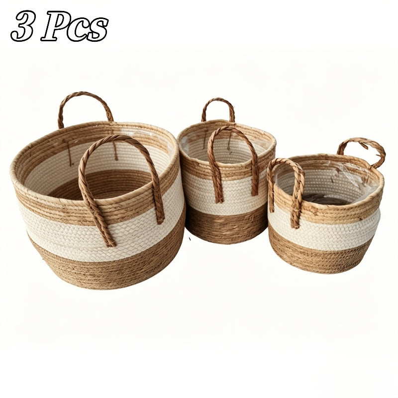 Cache-pot panier tressé écru et naturel, anses — Ø 25 à 35 cm