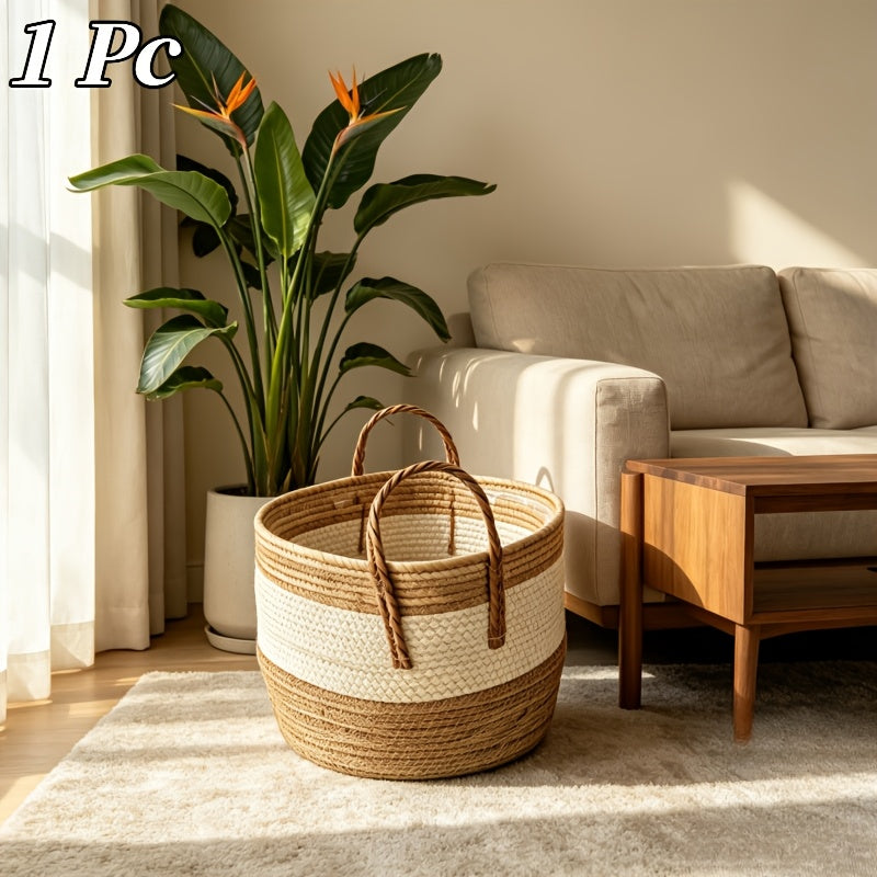 Cache-pot panier tressé écru et naturel, anses — Ø 25 à 35 cm