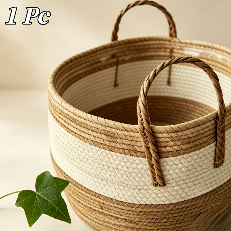 Cache-pot panier tressé écru et naturel, anses — Ø 25 à 35 cm