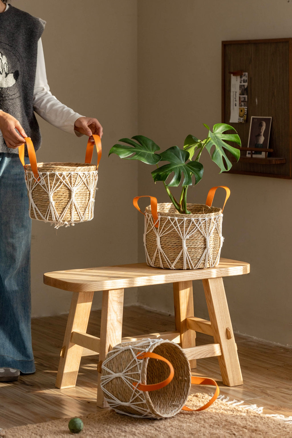 Cache-pot panier tressé à décor macramé Ø 25 cm, naturel