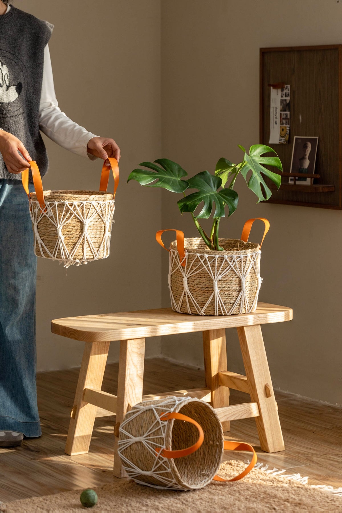 Cache-pot panier tressé à décor macramé Ø 25 cm, naturel