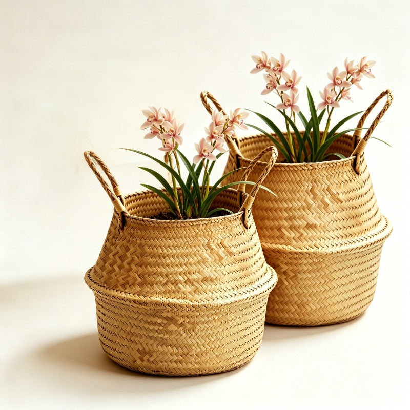 Cache-pot panier tressé Ø 19 cm — Naturel, pliable à anses