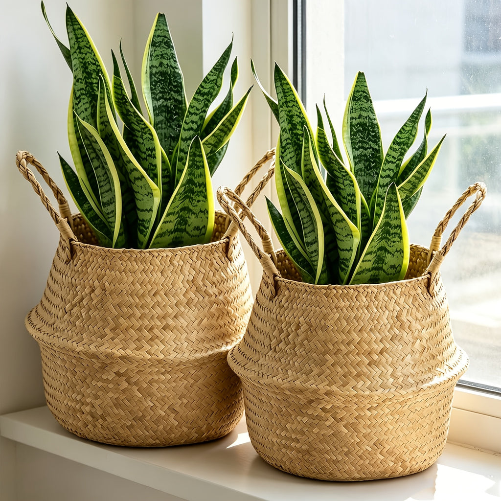 Cache-pot panier tressé Ø 19 cm — Naturel, pliable à anses