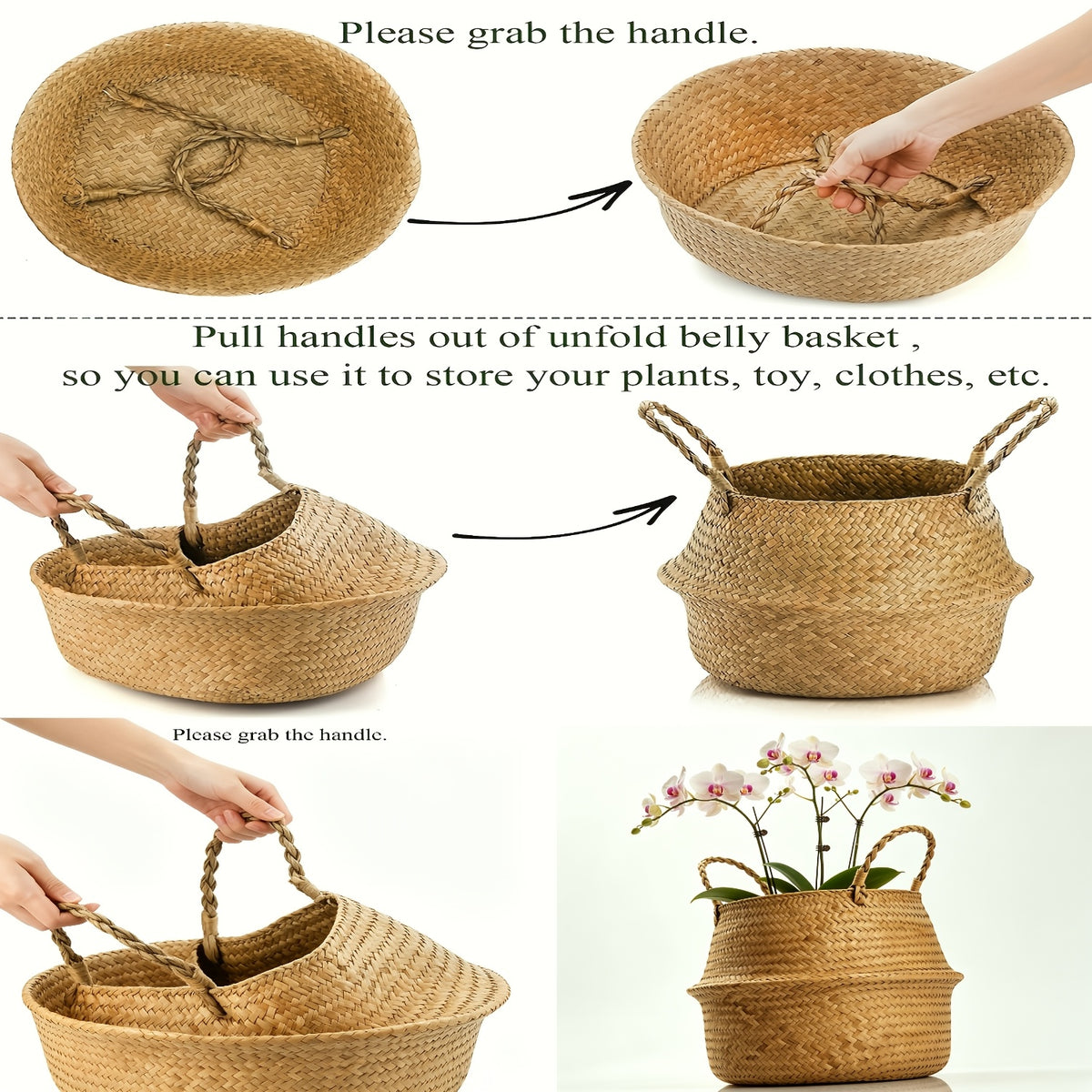 Cache-pot panier tressé Ø 19 cm — Naturel, pliable à anses