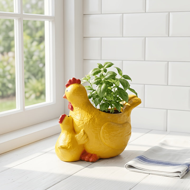 Cache-pot poule et poussin en résine jaune 16 cm décoratif