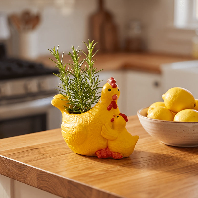 Cache-pot poule et poussin en résine jaune 16 cm décoratif