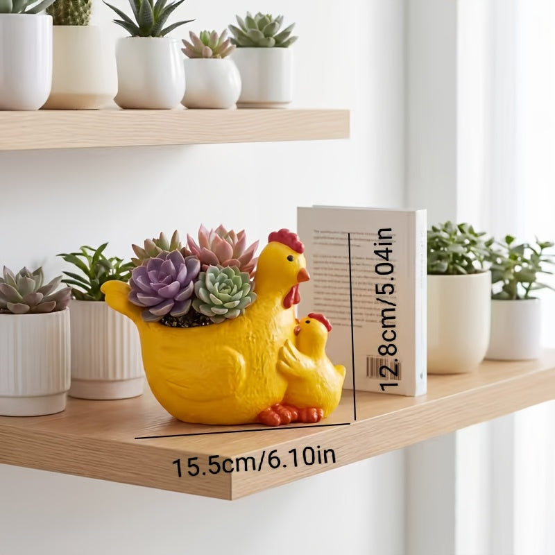 Cache-pot poule et poussin en résine jaune 16 cm décoratif