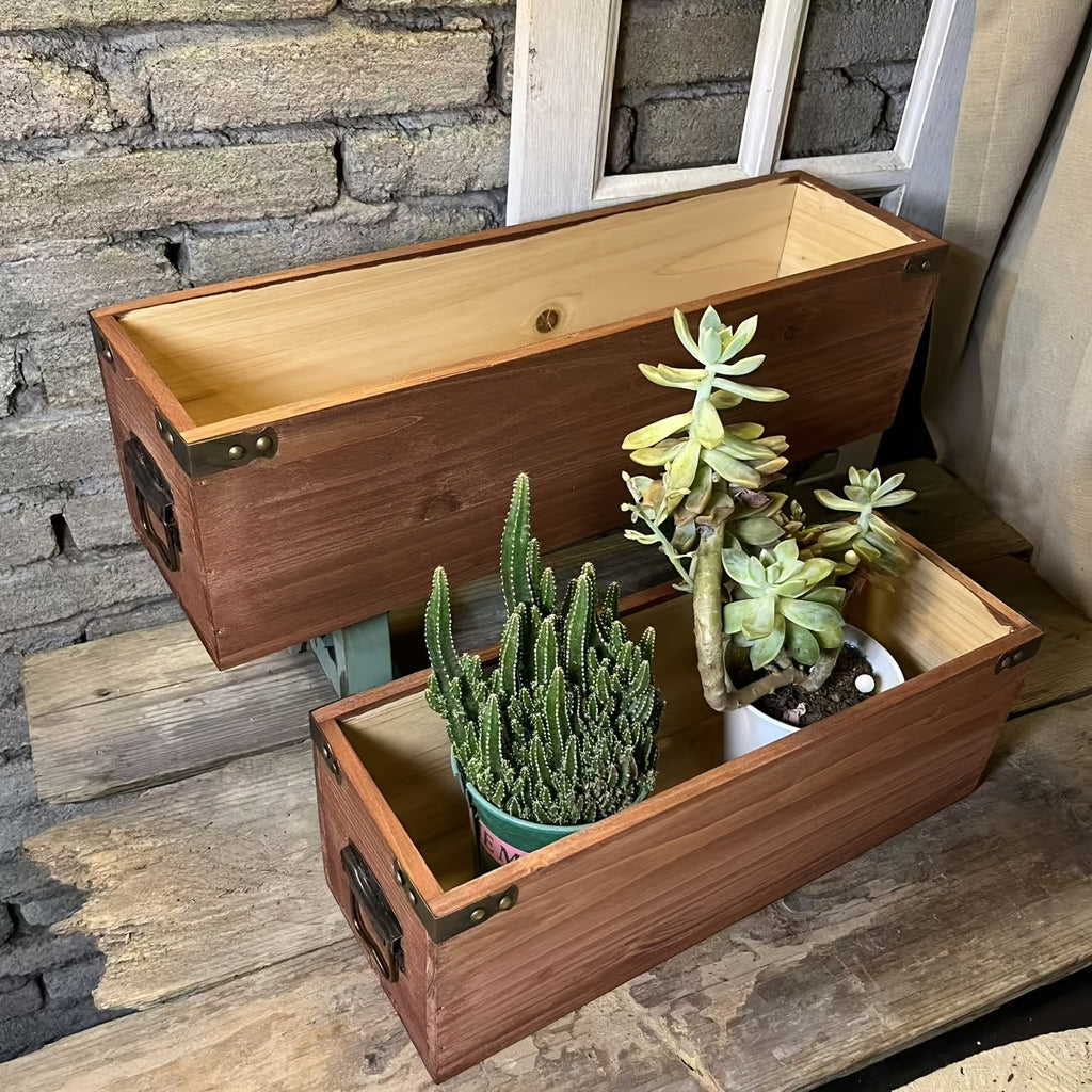 Cache-pot rectangulaire en bois 50x14x14 cm, style vintage