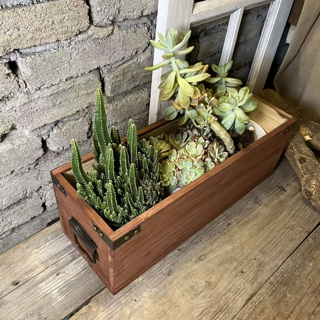 Cache-pot rectangulaire en bois 50x14x14 cm, style vintage