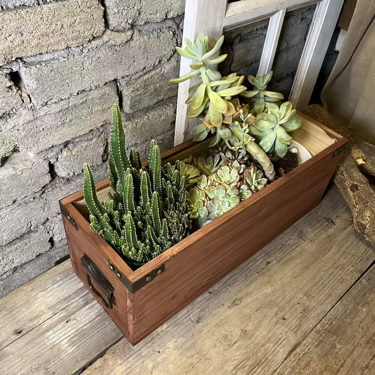 Cache-pot rectangulaire en bois 50x14x14 cm, style vintage