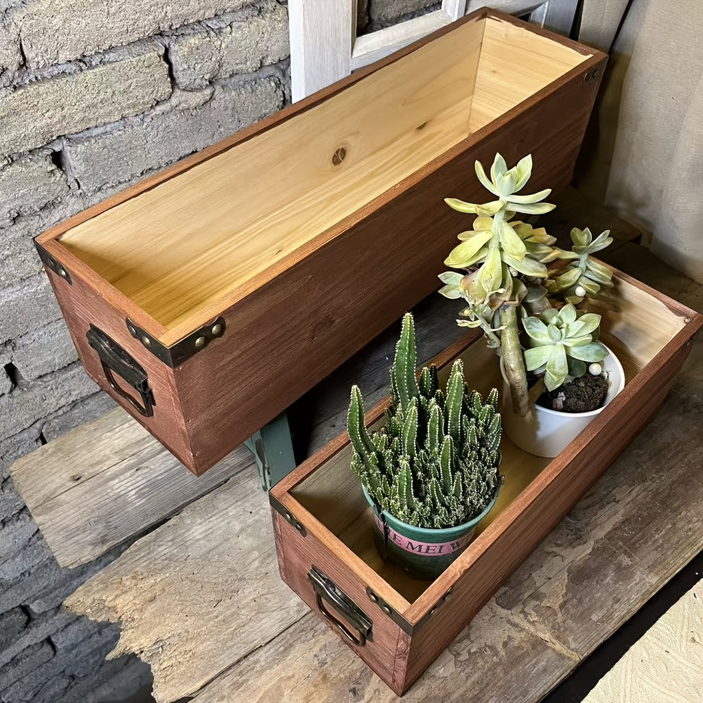 Cache-pot rectangulaire en bois 50x14x14 cm, style vintage