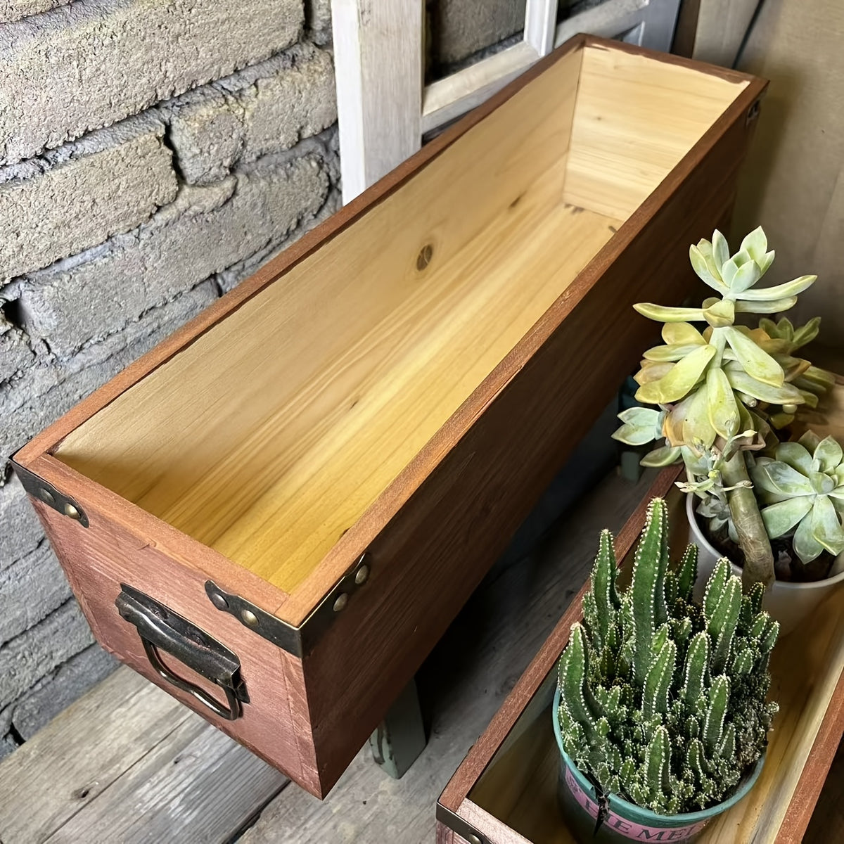 Cache-pot rectangulaire en bois 50x14x14 cm, style vintage