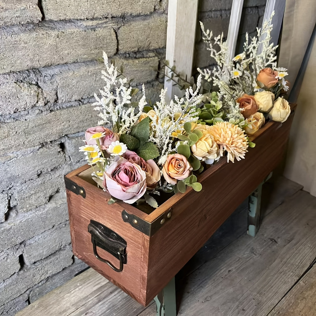 Cache-pot rectangulaire en bois 50x14x14 cm, style vintage