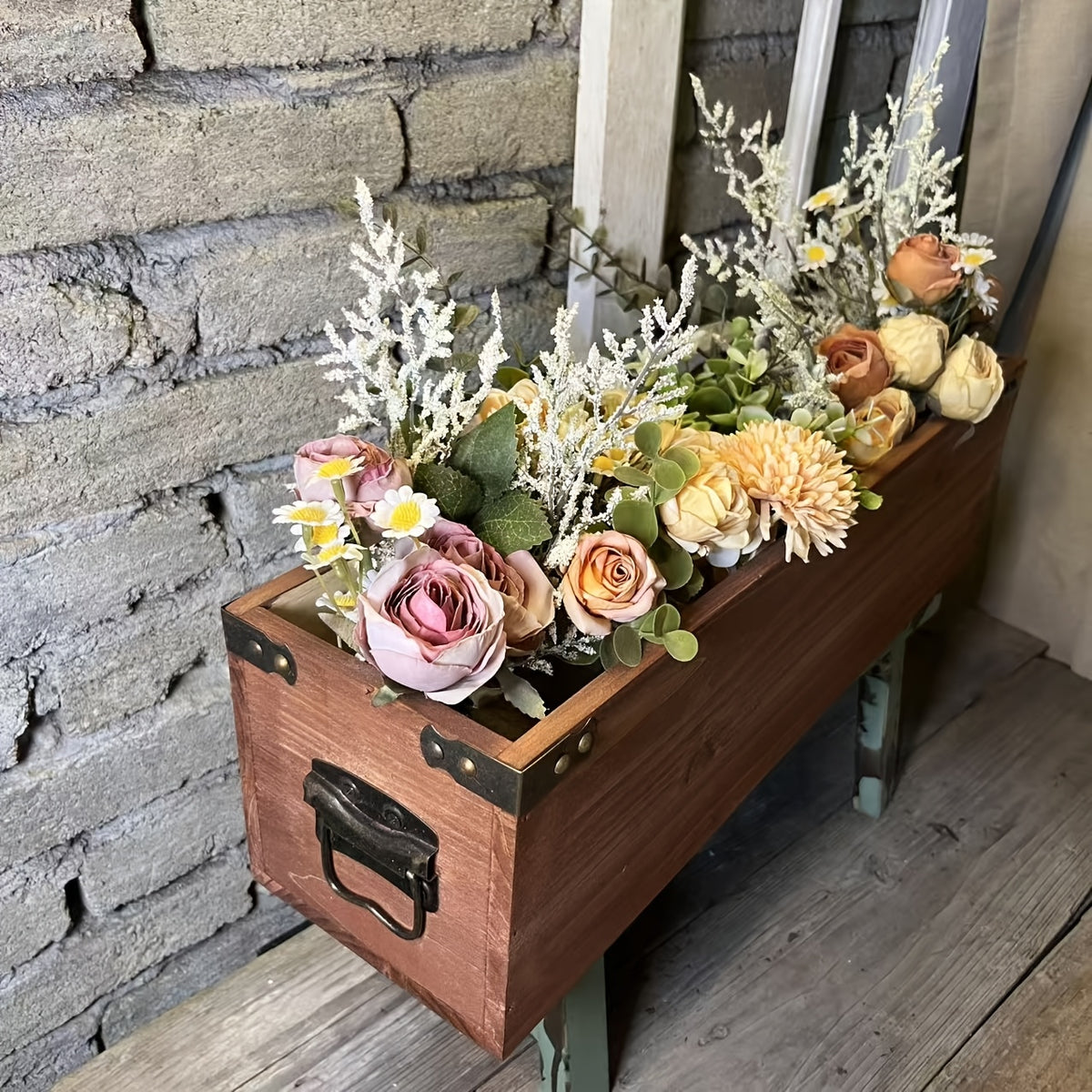 Cache-pot rectangulaire en bois 50x14x14 cm, style vintage