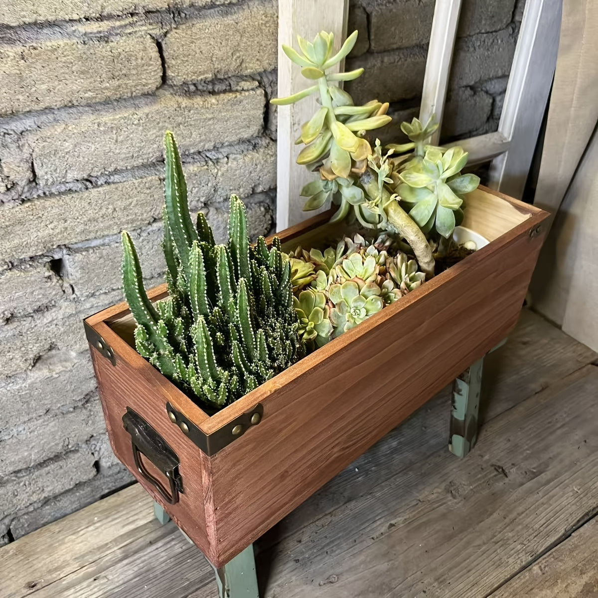 Cache-pot rectangulaire en bois 50x14x14 cm, style vintage