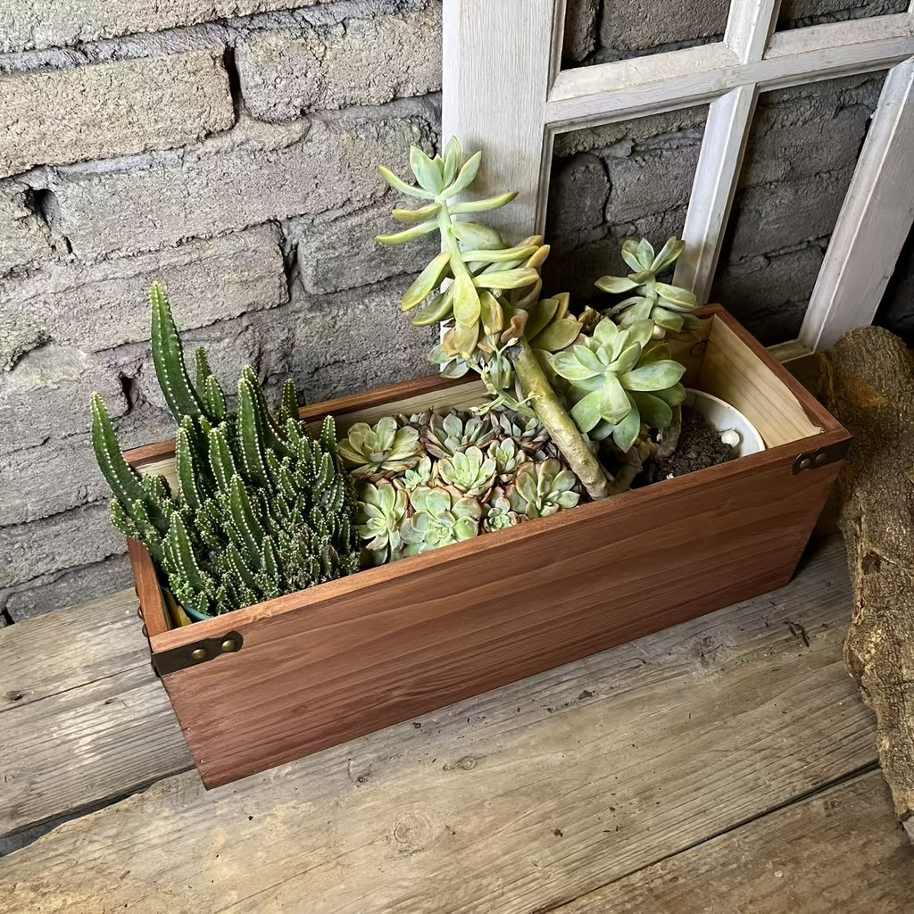 Cache-pot rectangulaire en bois 50x14x14 cm, style vintage