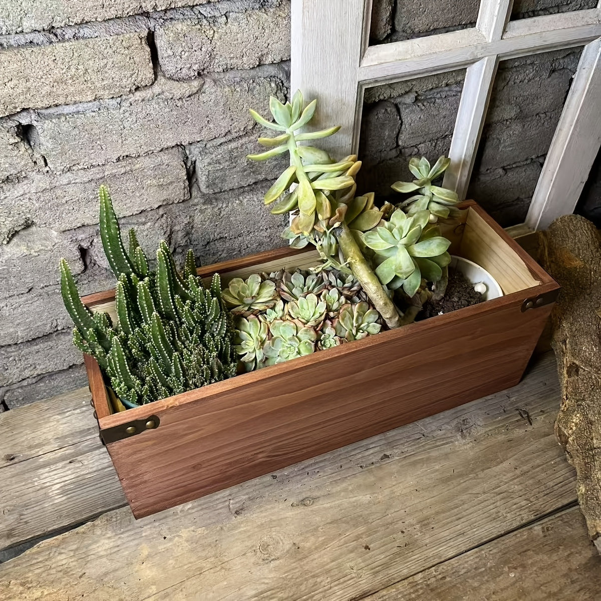 Cache-pot rectangulaire en bois 50x14x14 cm, style vintage