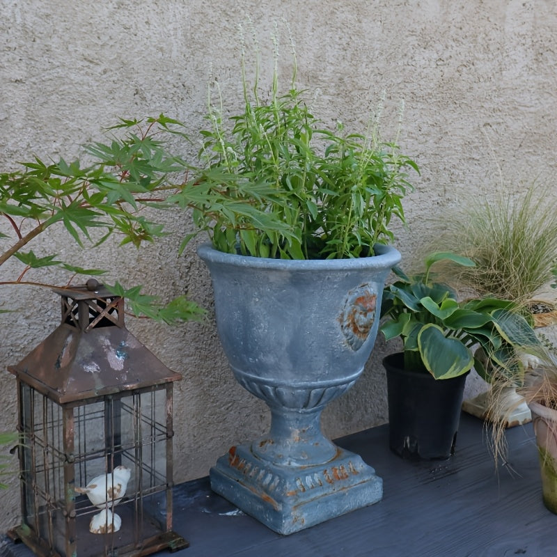 Cache-pot sur pied béton vieilli Ø 33 cm motif tête de lion