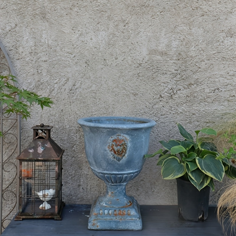 Cache-pot sur pied béton vieilli Ø 33 cm motif tête de lion