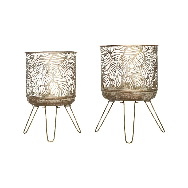 Cache-pot sur pied doré motif feuillage ajouré — Lot de 2