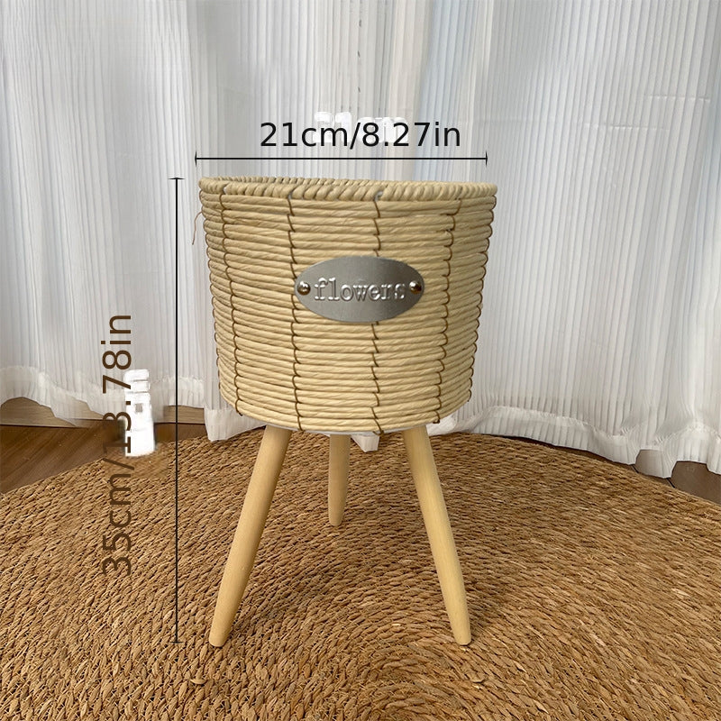 Cache-pot sur pied en fibre tressée — Trépied bois nordique