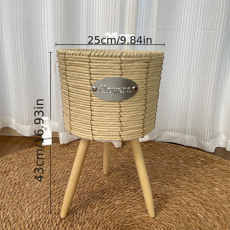 Cache-pot sur pied en fibre tressée — Trépied bois nordique