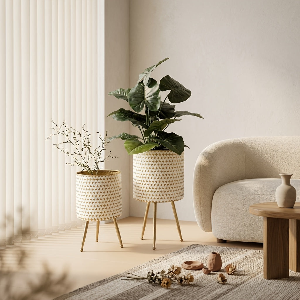 Cache-pot sur pied en métal blanc et doré Ø 25 cm — Lot de 2