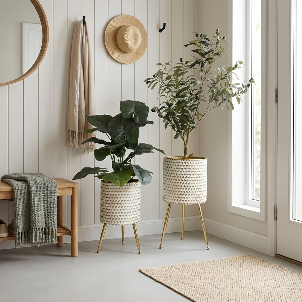 Cache-pot sur pied en métal blanc et doré Ø 25 cm — Lot de 2