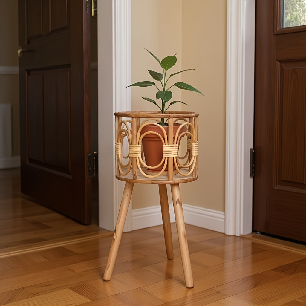 Cache-pot sur pied en rotin tressé ajouré - naturel bohème