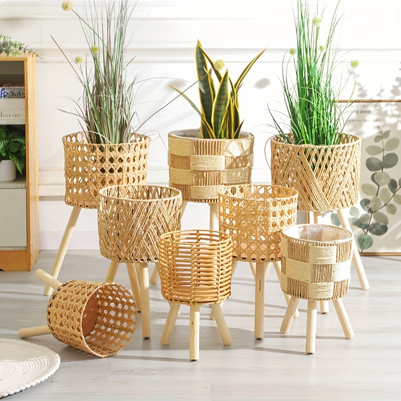 Cache-pot sur pied en rotin tressé Ø 30 cm - panier naturel