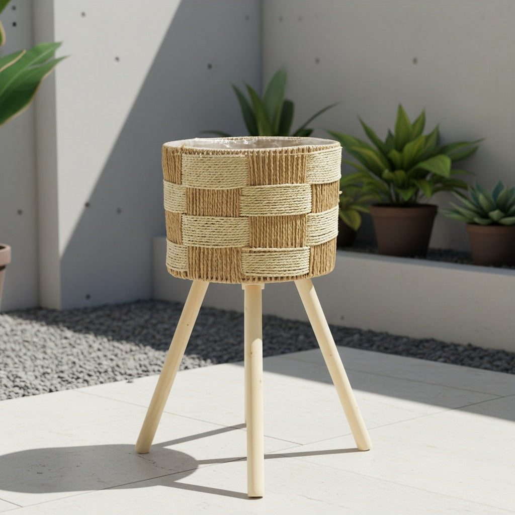 Cache-pot sur pied en rotin tressé Ø 30 cm - panier naturel
