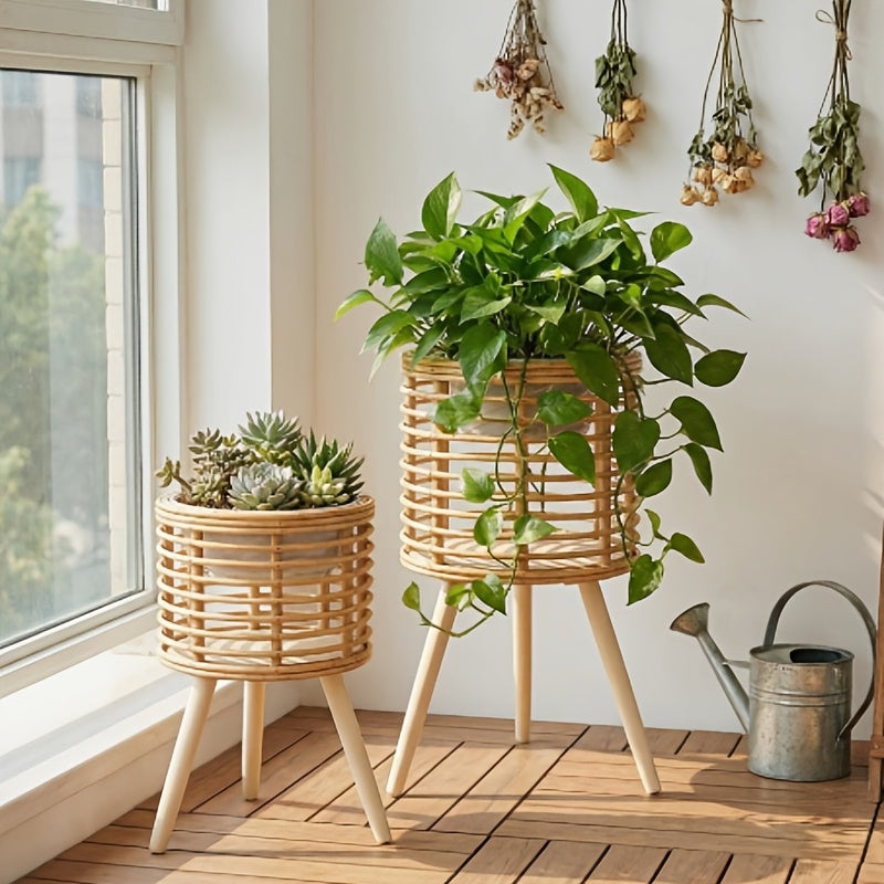 Cache-pot sur pied tressé aspect rotin — Lot de 2 naturel