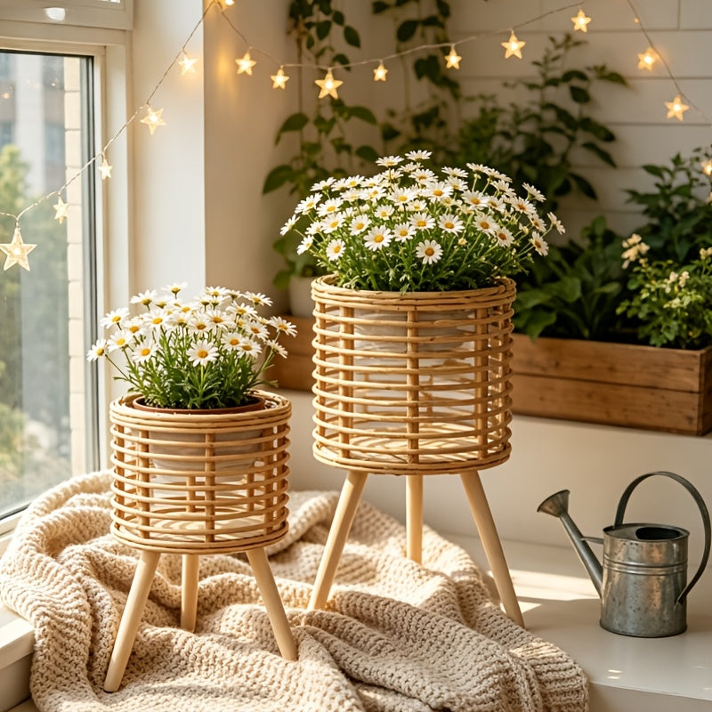 Cache-pot sur pied tressé aspect rotin — Lot de 2 naturel