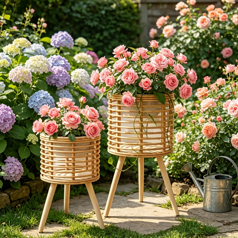 Cache-pot sur pied tressé aspect rotin — Lot de 2 naturel