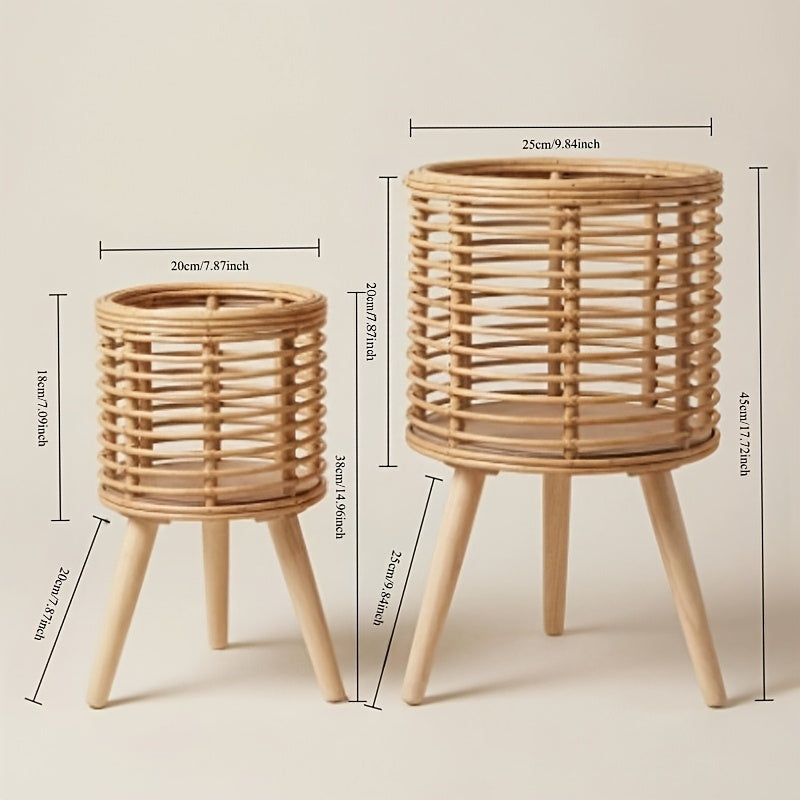 Cache-pot sur pied tressé aspect rotin — Lot de 2 naturel