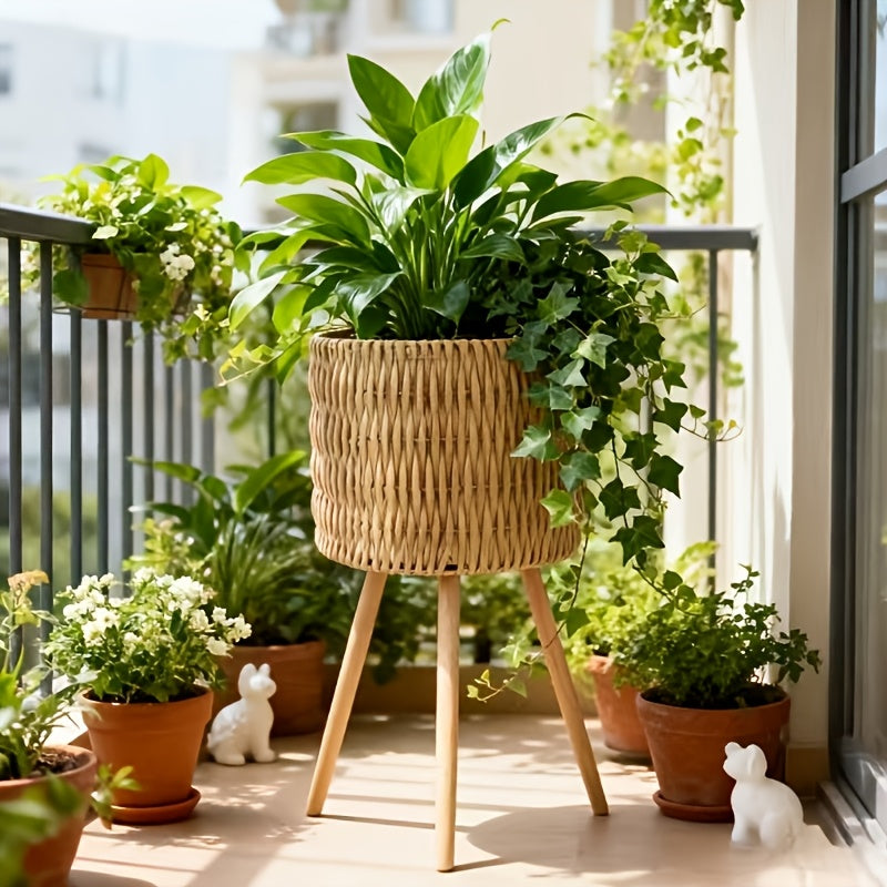 Cache-pot sur pied tressé main — Trépied bois, 3 hauteurs