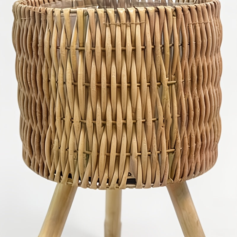 Cache-pot sur pied tressé main — Trépied bois, 3 hauteurs