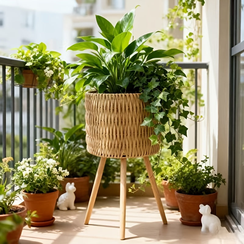 Cache-pot sur pied tressé main — Trépied bois, 3 hauteurs