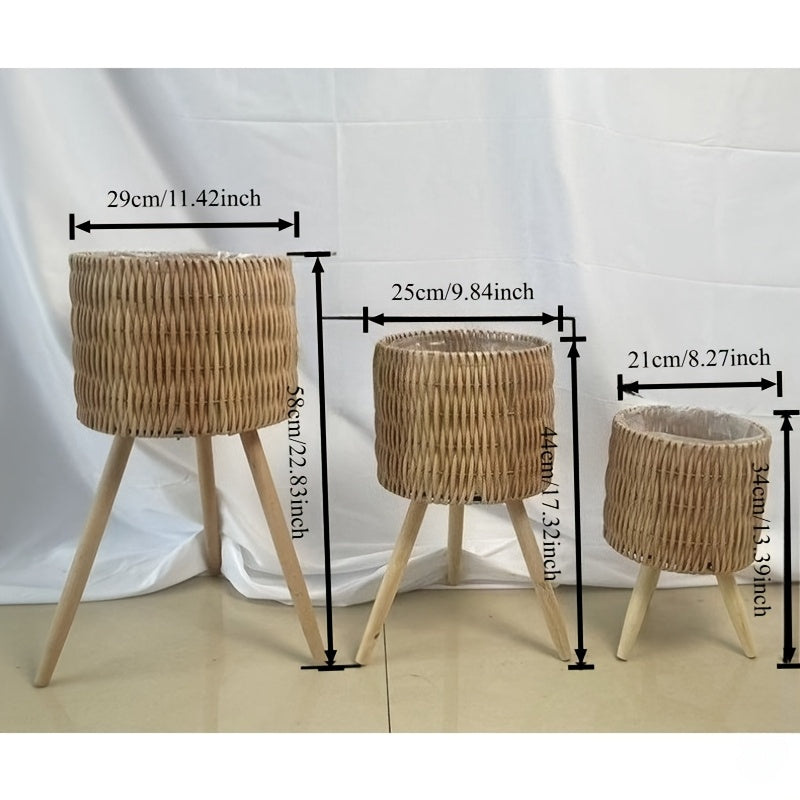 Cache-pot sur pied tressé main — Trépied bois, 3 hauteurs