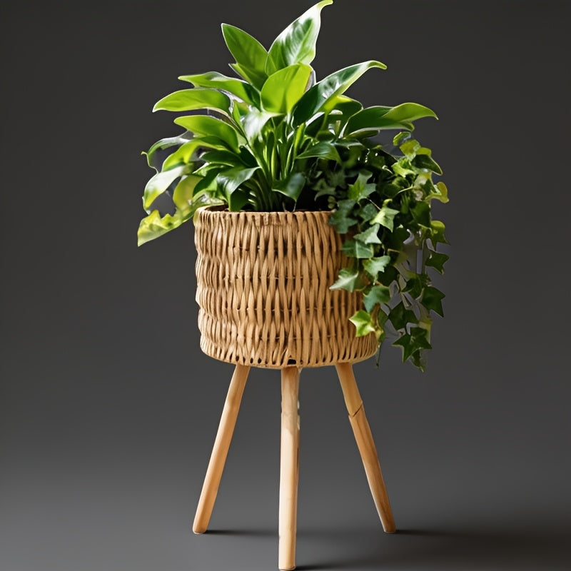 Cache-pot sur pied tressé main — Trépied bois, 3 hauteurs