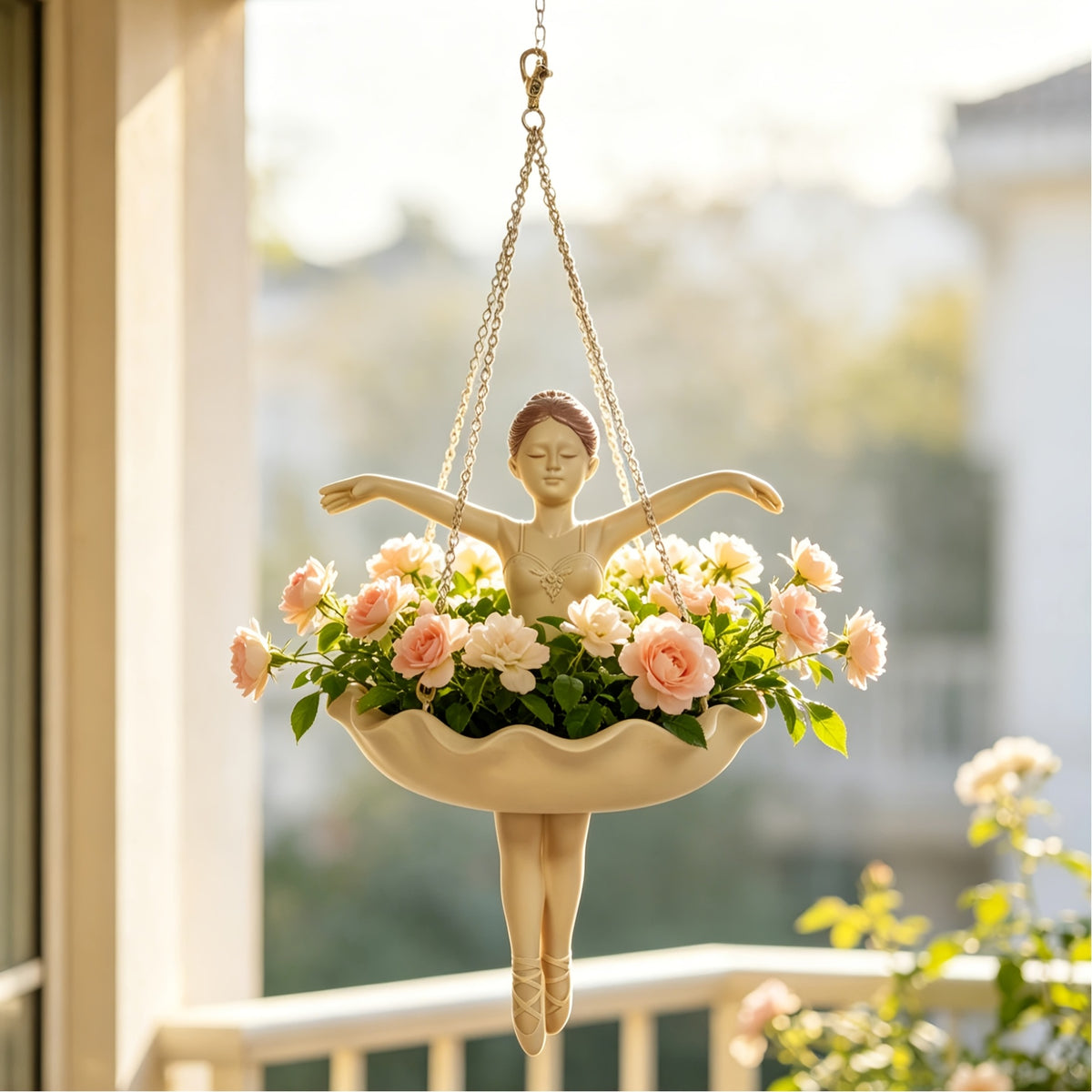Cache-pot suspendu danseuse en résine beige, coupe Ø 11 cm