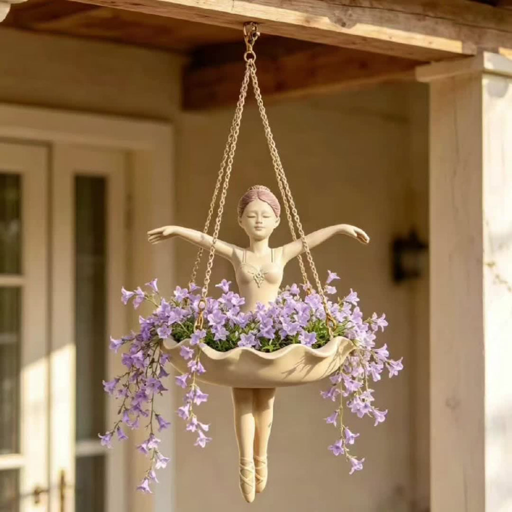 Cache-pot suspendu danseuse en résine beige, coupe Ø 11 cm