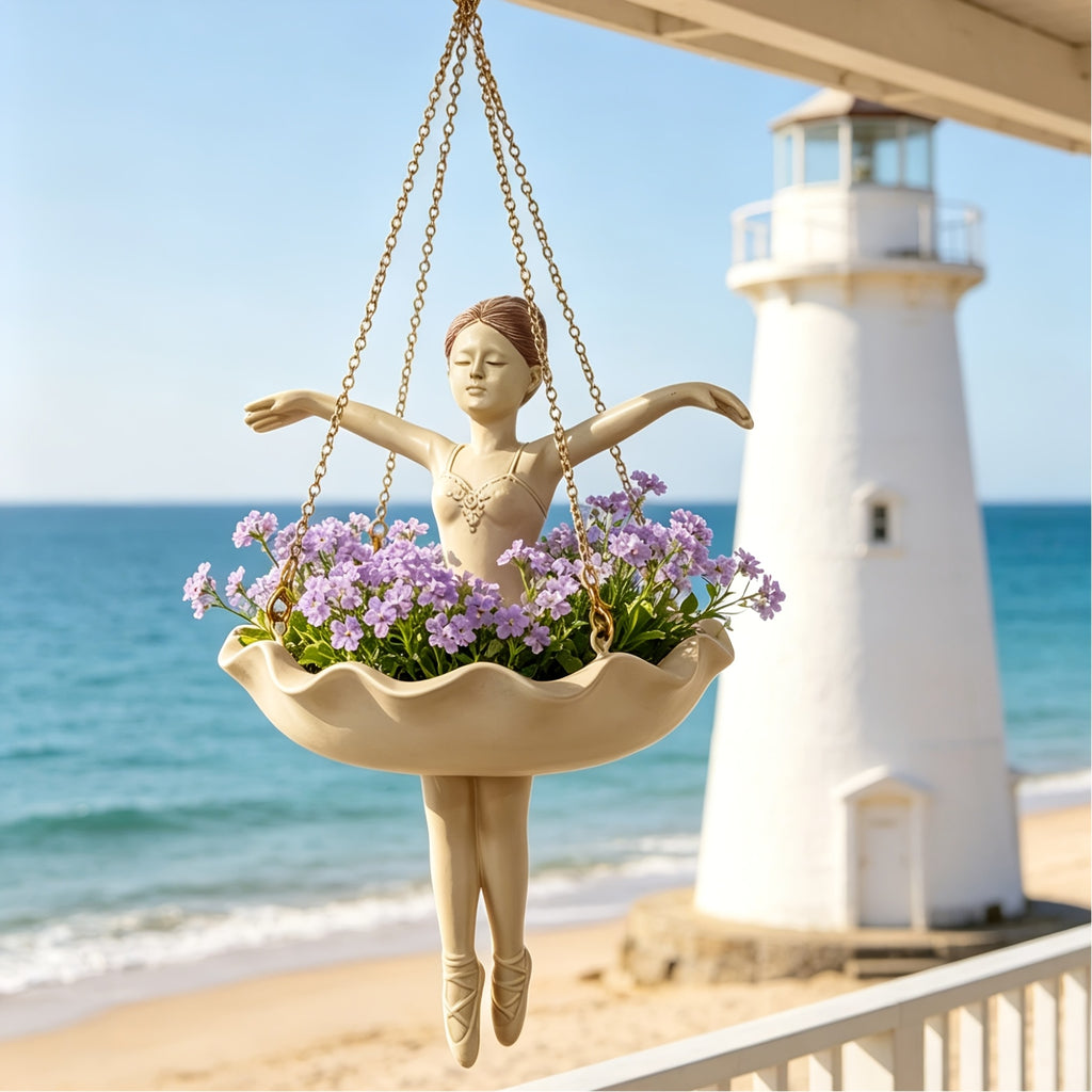 Cache-pot suspendu danseuse en résine beige, coupe Ø 11 cm
