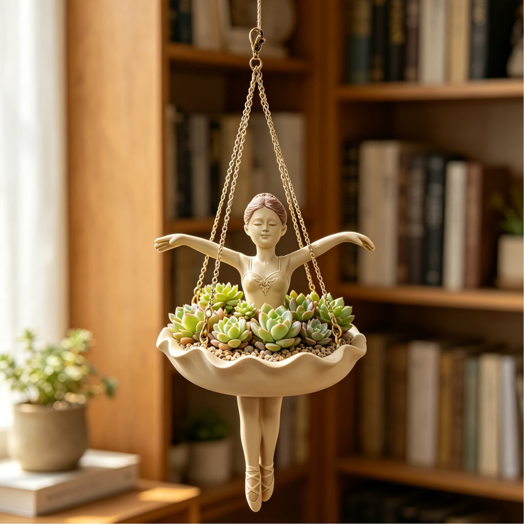 Cache-pot suspendu danseuse en résine beige, coupe Ø 11 cm