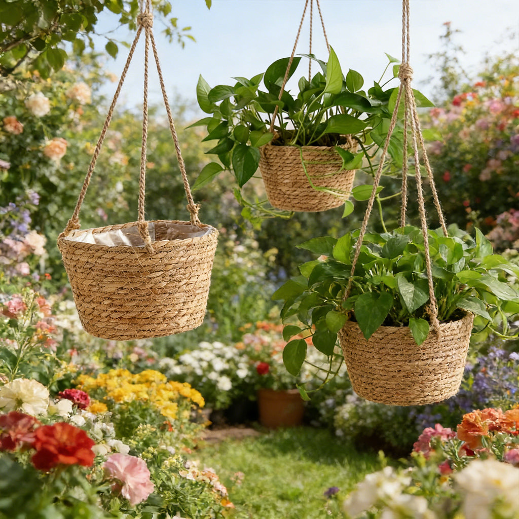 Cache-pot suspendu tressé Ø 20 cm en fibre naturelle - Lot de 2
