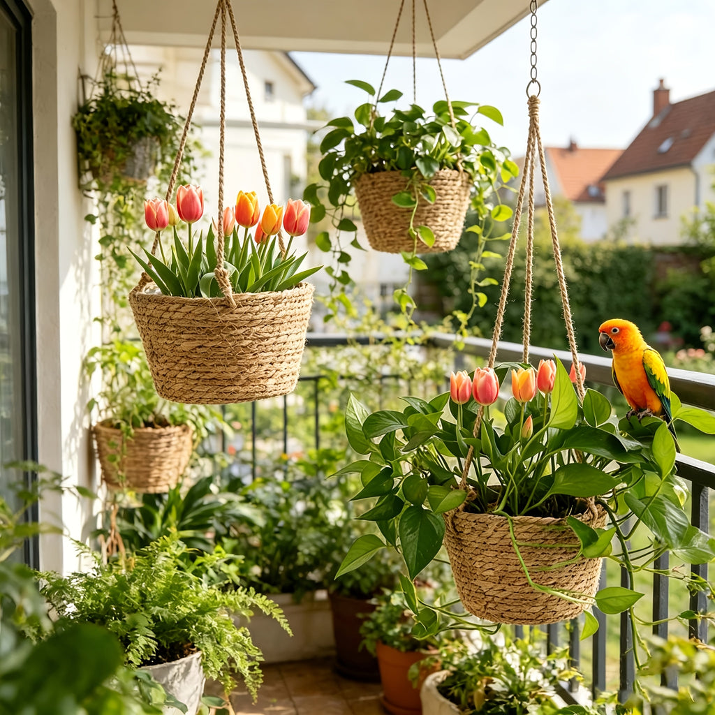 Cache-pot suspendu tressé Ø 20 cm en fibre naturelle - Lot de 2