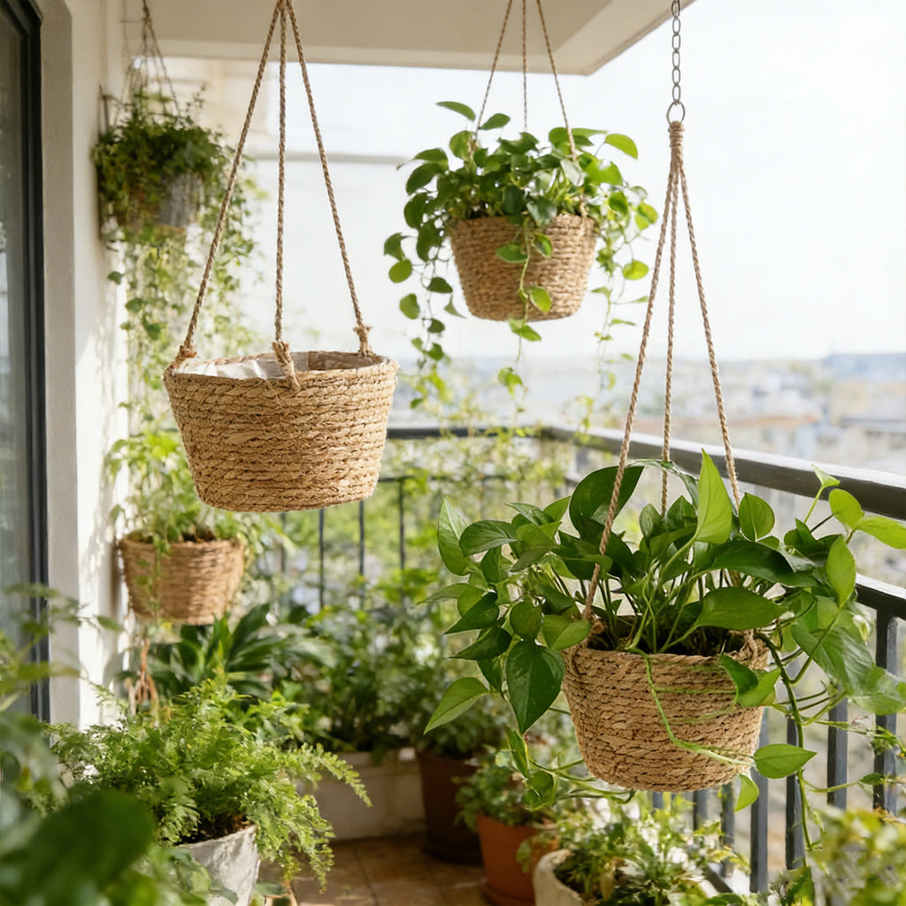 Cache-pot suspendu tressé Ø 20 cm en fibre naturelle - Lot de 2
