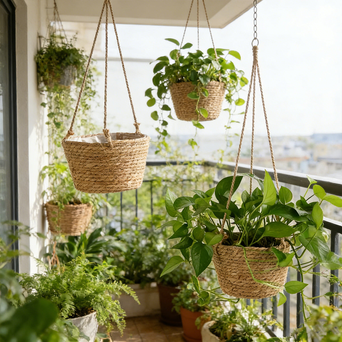 Cache-pot suspendu tressé Ø 20 cm en fibre naturelle - Lot de 2